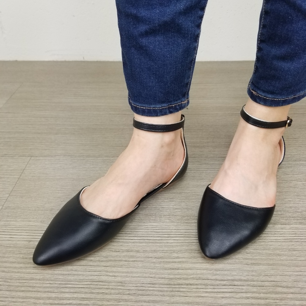 Ankle Strap Pointed Toe Ballerina Flats-M 13133 - Picture 2 of 8